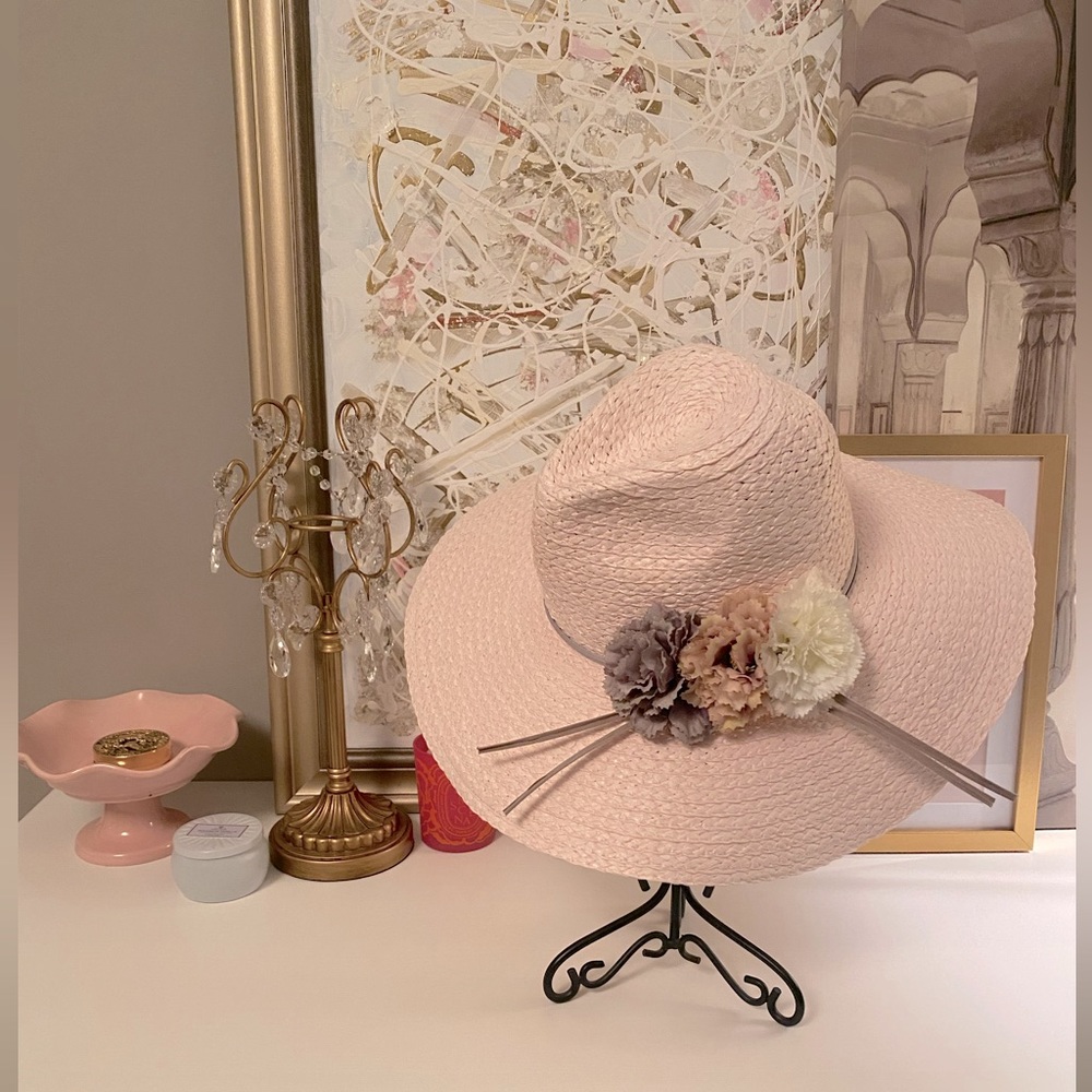 Pastel pink straw woven wide brim floppy hat - flower sun hat